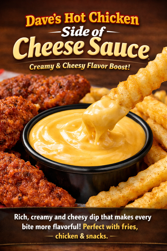 Dave’s Hot Chicken side of cheese sauce with crispy fries and spicy chicken, creamy and cheesy dip served fresh