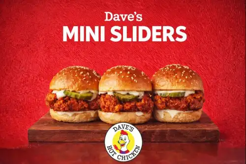 Dave’s mini sliders with crispy hot chicken, pickles, and soft buns