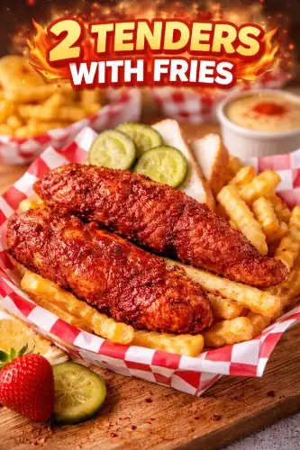 2 Tenders with Fries from Dave’s Hot Chicken served with crispy fries, pickles, bread, and dipping sauce