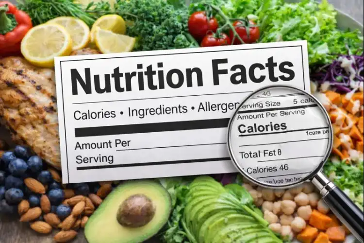 Nutrition facts label showing calories, ingredients, and nutritional details with healthy foods.