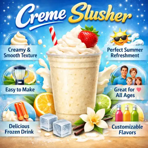 Creme Slusher creamy frozen drink with whipped cream, strawberry topping and refreshing summer flavors
