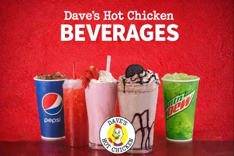 Dave’s Hot Chicken beverages including milkshakes, soft drinks, and frozen drinks