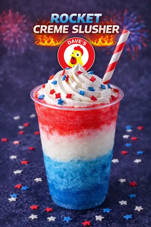 Rocket Creme Slusher with red, white, and blue frozen layers.