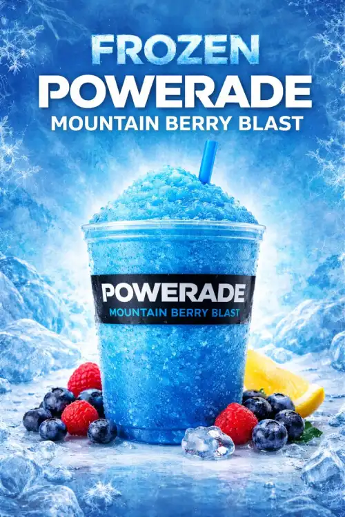Frozen Powerade Mountain Berry Blast drink served icy cold with blue slush and fresh berries.