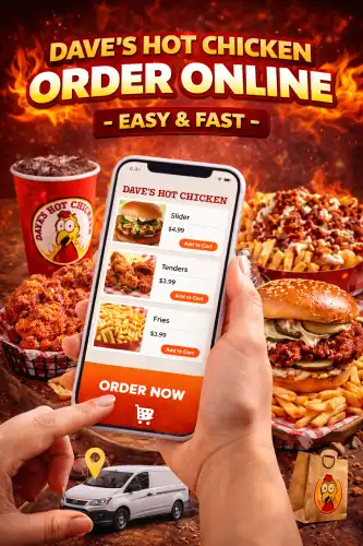 Dave's Hot Chicken order online using mobile app with sliders, tenders, and fries.
