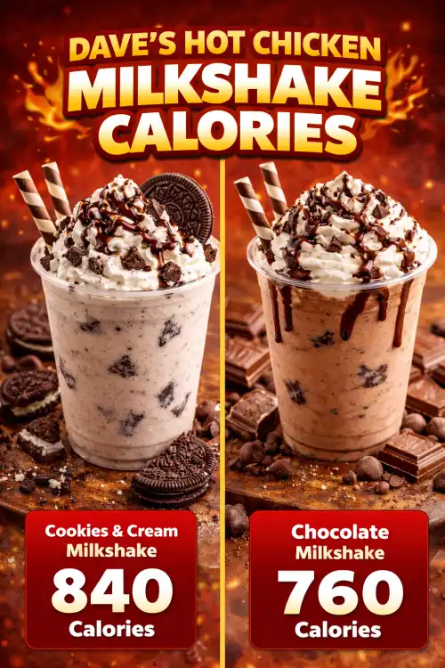 Dave's Hot Chicken milkshake calories comparison showing Cookies and Cream and Chocolate milkshake with calorie counts.