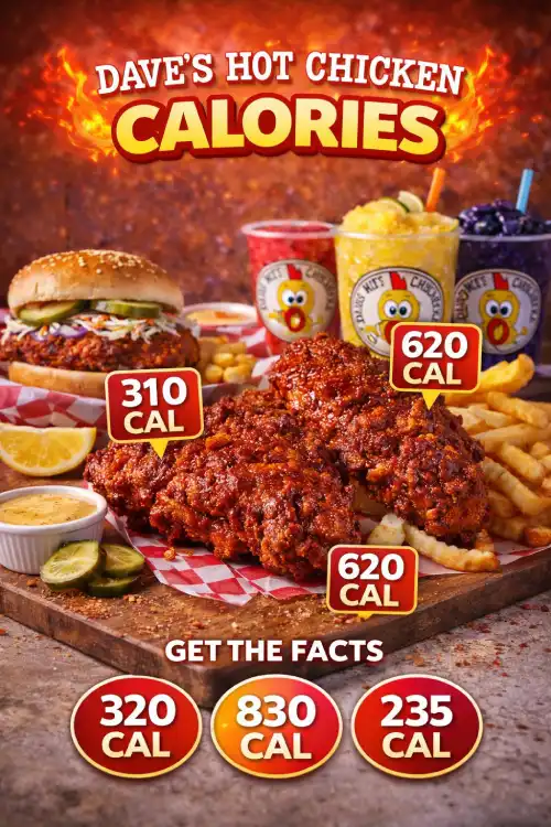 Dave's Hot Chicken calories chart with fried chicken, fries, and slush drinks.