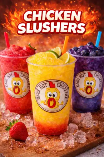 Chicken Slushers at Dave’s Hot Chicken in strawberry, mango, and blueberry flavors.