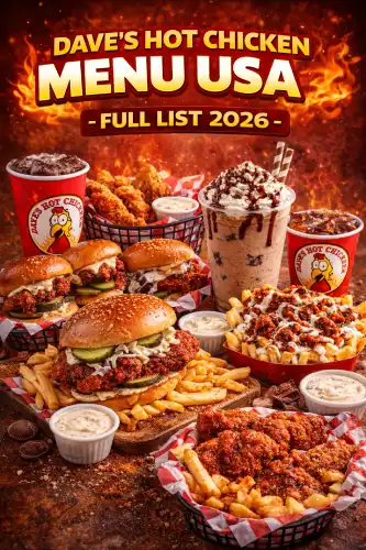 Dave's Hot Chicken menu USA 2026 showing sliders, tenders, fries, and drinks.