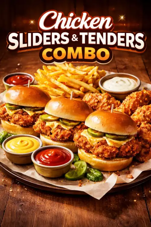 Chicken Sliders & Tenders Combo with crispy chicken sliders, golden chicken tenders, seasoned fries, and dipping sauces.