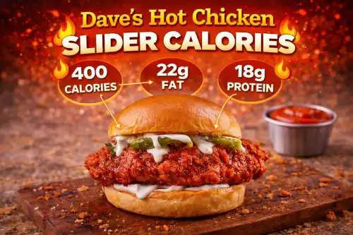 Dave’s Hot Chicken slider calories with crispy spicy chicken, soft bun, pickles, and sauce.
