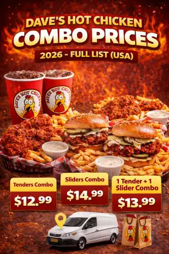 Dave’s Hot Chicken combo prices 2026 USA showing tenders and sliders meal deals.