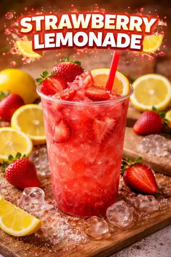 Strawberry Lemonade – fresh strawberries and lemon slices in an ice-cold refreshing drink.