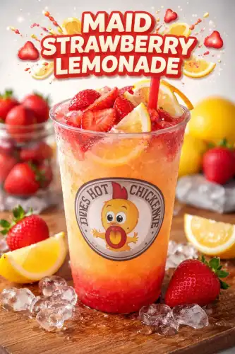 Maid Strawberry Lemonade with fresh strawberries and lemon at Dave’s Hot Chicken.