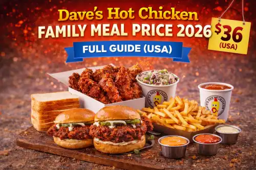 Dave's Hot Chicken family meal with sliders, tenders, fries, and coleslaw – price guide 2026 USA.
